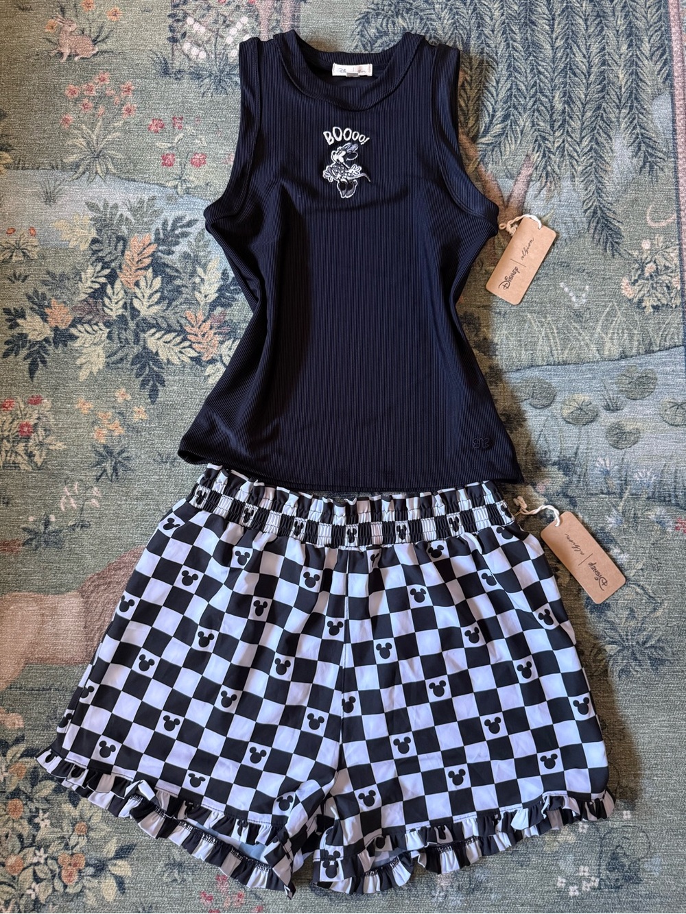 Black Tank Top & Black-and-White Checker Ruffle Shorts Set